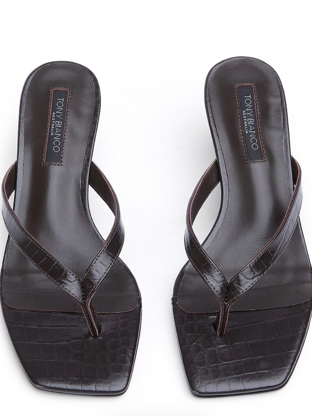 Tony Bianco Dark Brown Croc-Effect Square-Toe Topaz Thong Sandals